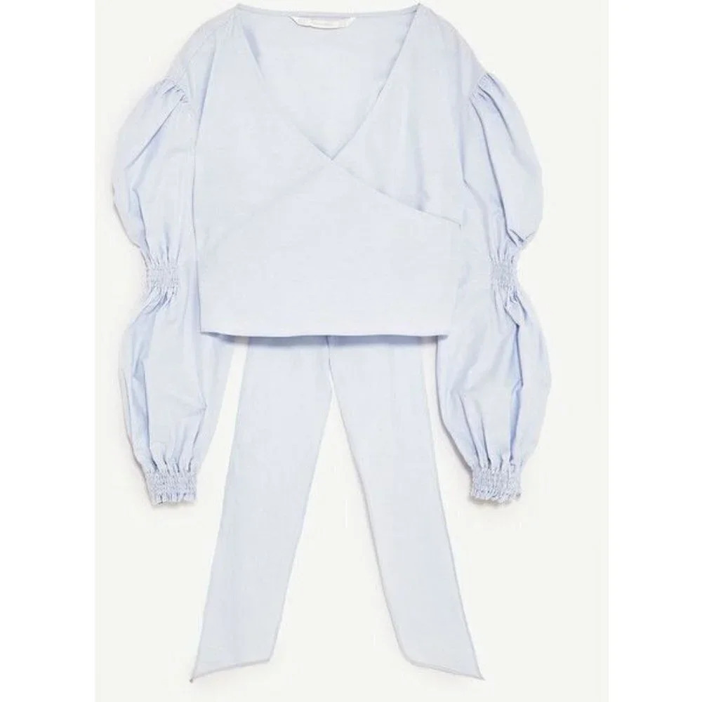 Zara Trafaluc  Collection Sky Blue Wrap Top With Balloon Sleeves - Size XS - Picture 2 of 13